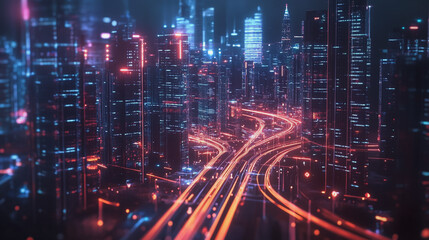 Fototapeta premium Smart digital Innovation city with connection network reciprocity over the cityscape. of future smart wireless digital city and social media networking systems that connects people with in city