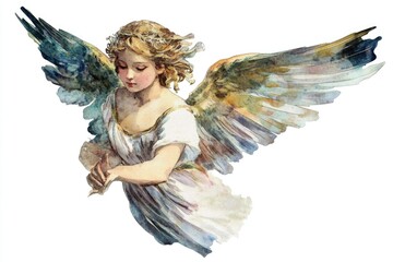 A beautiful watercolor image of an angel cradling a bird, suitable for use in illustrations and designs