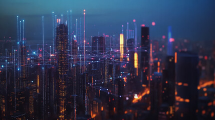 Obraz premium Smart digital Innovation city with connection network reciprocity over the cityscape. of future smart wireless digital city and social media networking systems that connects people with in city