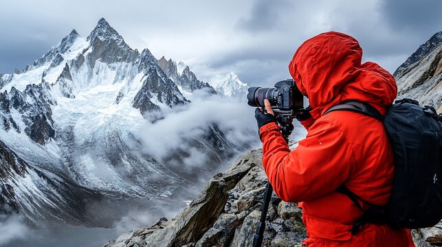 A photographer captures stunning mountain scenery in a rugged environment.