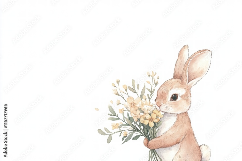 Poster Cuddly rabbit holds a beautiful bouquet of flowers with blank space for text and design mock up. Generative AI