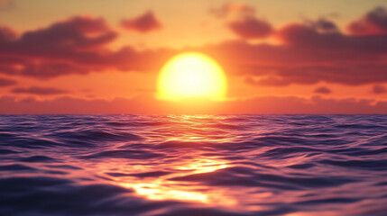 Stunning Wide Shot Photo: Vibrant Sunset Gently Descending Over Calm Ocean Waters. AI Generated