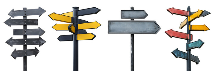 Set collection of rustic metal steel arrow point direction street sign signpost signage on transparent background cutout PNG file. Many different assorted style. Mockup template for design