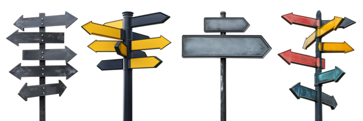 Set collection of rustic metal steel arrow point direction street sign signpost signage on transparent background cutout PNG file. Many different assorted style. Mockup template for design