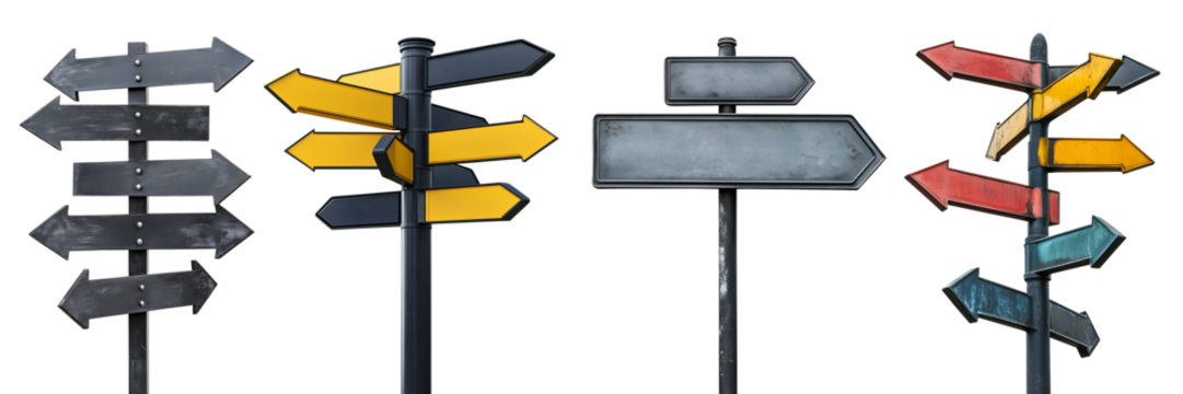 Set collection of rustic metal steel arrow point direction street sign signpost signage on transparent background cutout PNG file. Many different assorted style. Mockup template for design