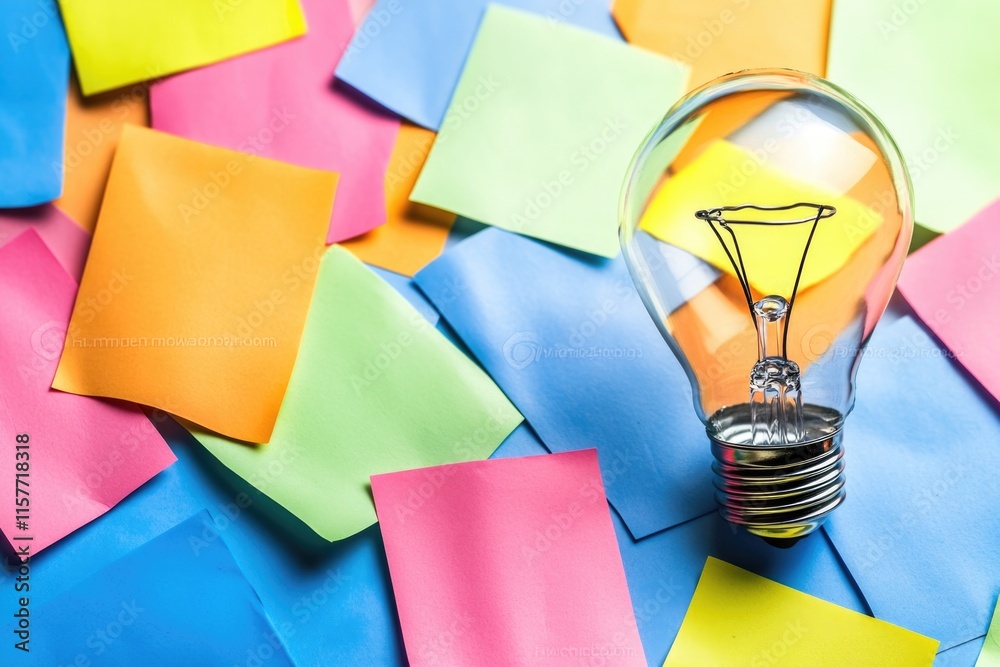 Aufkleber A light bulb sits atop a pile of colorful post-it notes, perfect for highlighting creative ideas or adding a touch of whimsy to any space