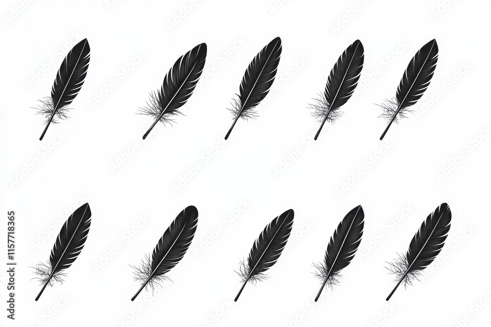 Poster a set of six black feathers against a white background, perfect for use in designs and compositions