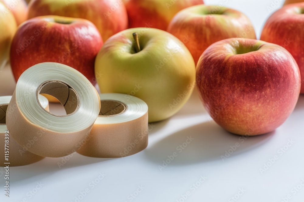 Poster fresh apples sit side by side on a wooden table