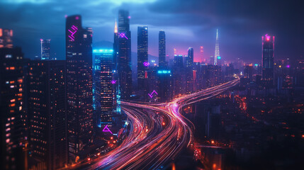 Fototapeta premium Smart digital Innovation city with connection network reciprocity over the cityscape. of future smart wireless digital city and social media networking systems that connects people with in city