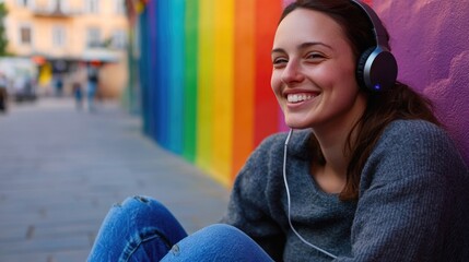 A woman sits against a wall wearing headphones, likely engrossed in her music or podcast