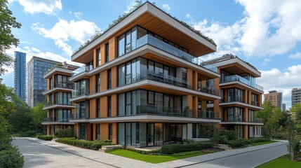Obraz premium Modern apartment building with balconies and landscaping.