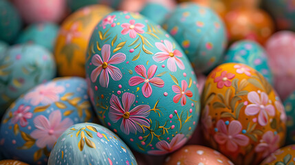 vibrant painted easter eggs showcasing intricate floral detail in a macro close up, a colorful and festive image perfect for easter celebrations and spring themes, a stock image

