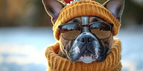 A happy dog wearing sunglasses and a knitted hat, perfect for casual occasions