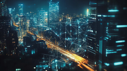 Fototapeta premium Smart digital Innovation city with connection network reciprocity over the cityscape. of future smart wireless digital city and social media networking systems that connects people with in city