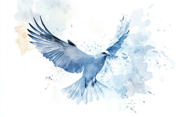 Fototapeta premium A colorful illustration of a bird in flight, with blue skies and fluffy white clouds