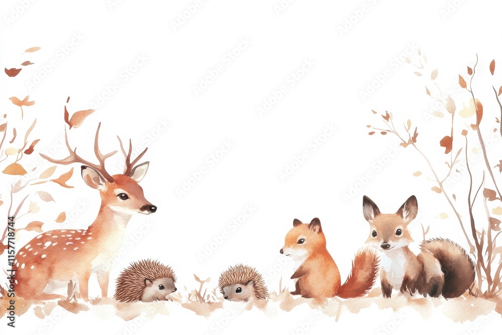 Poster illustration showcasing various forest animals together in a serene natural setting during autumn. g
