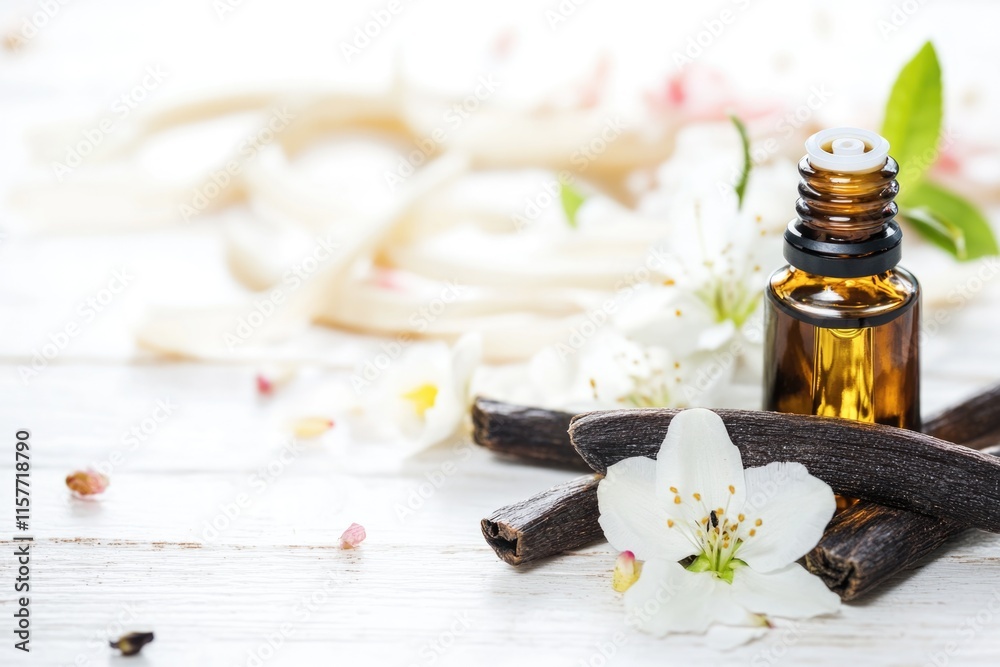 Poster a close-up view of a bottle of essential oil sitting on a table, ready for use