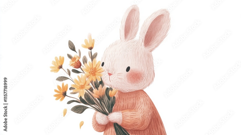 Poster cuddly rabbit with a bouquet of flowers ready to spread joy and love in a cheerful setting with ampl