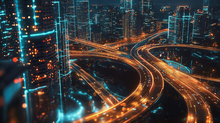 Naklejka premium Smart digital Innovation city with connection network reciprocity over the cityscape. of future smart wireless digital city and social media networking systems that connects people with in city