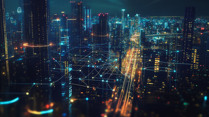 Obraz premium Smart digital Innovation city with connection network reciprocity over the cityscape. of future smart wireless digital city and social media networking systems that connects people with in city