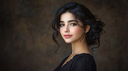 Fototapeta premium Portrait of a beautiful young woman with dark hair and eyes, styled in an elegant updo.
