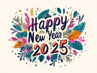 Happy New Year 2025 with colorful leaves and floral elements, celebrating joy and new beginnings