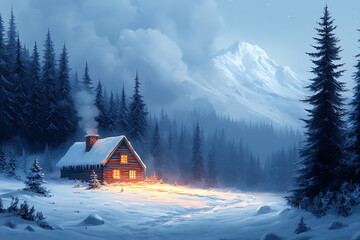 Fototapeta premium A warm village hut in a snowy forest, smoke billowing from the chimney, surrounded by tall pine trees. Perfect for holiday or winter projects