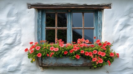 Rustic window box with red flowers on whitewashed wall.