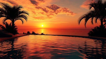 Stunning Tropical Sunset Photo: Vibrant Colors Reflecting in Calm Pool Water. AI Generated