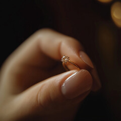 womans fingers holding an engagement ring