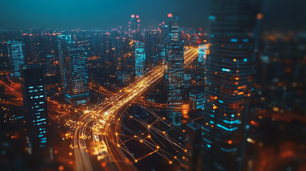 Fototapeta premium Smart digital Innovation city with connection network reciprocity over the cityscape. of future smart wireless digital city and social media networking systems that connects people with in city