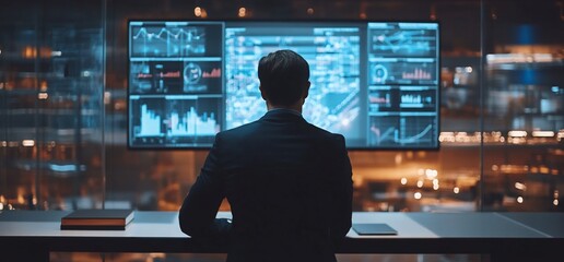 A professional analyzing data on multiple screens in a modern office setting.