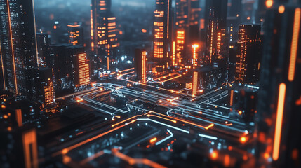Smart digital Innovation city with connection network reciprocity over the cityscape. of future smart wireless digital city and social media networking systems that connects people with in city