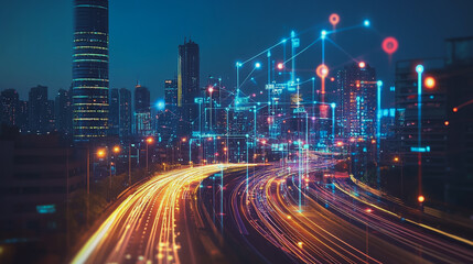 Smart digital Innovation city with connection network reciprocity over the cityscape. of future smart wireless digital city and social media networking systems that connects people with in city