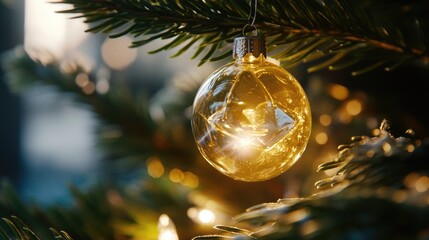 A Christmas ornament hangs from the branches of a decorated tree, ideal for holiday graphics and designs