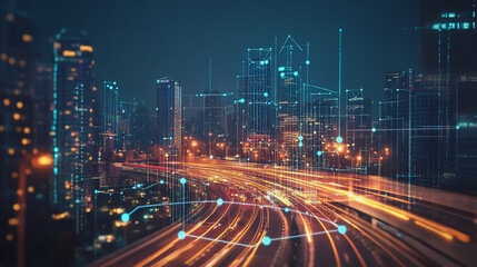 Smart digital Innovation city with connection network reciprocity over the cityscape. of future smart wireless digital city and social media networking systems that connects people with in city