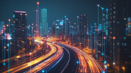 Obraz premium Smart digital Innovation city with connection network reciprocity over the cityscape. of future smart wireless digital city and social media networking systems that connects people with in city