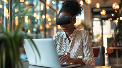 African black woman employee working at the office with a laptop and advance virtual reality goggle. Attend virtual business meeting and improve work efficiency. Future workplace and office model.