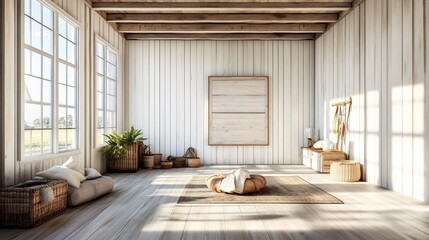Serene Minimalist Room Mockup: Sunlit 3D Render of a Tranquil Interior Space. AI Generated