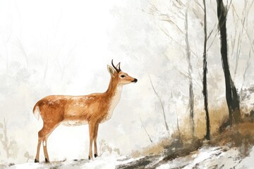 A deer stands alone in the snow, one informative phrase about what pictured on image and a one phrase with a short advice of where may be used this picture