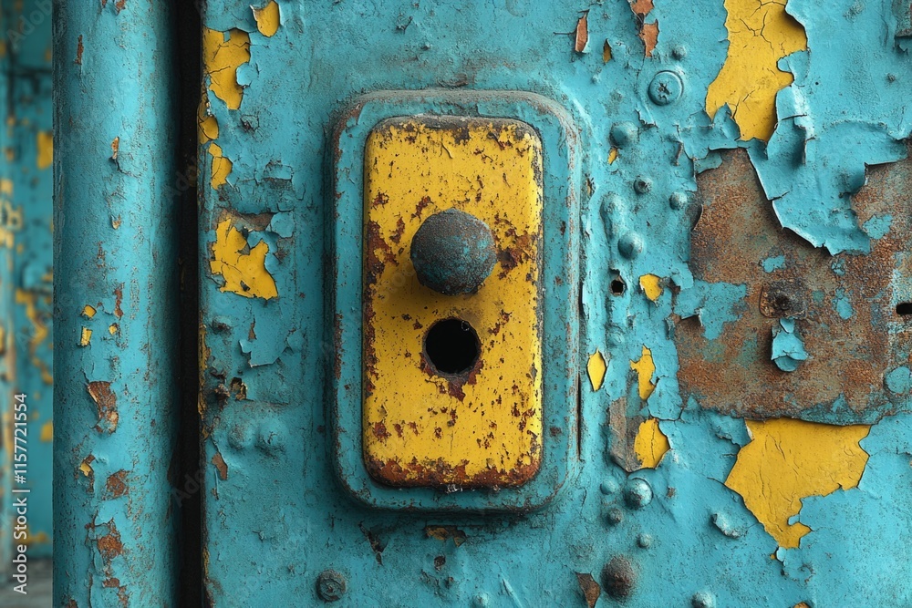 Poster a close-up shot of a rusty blue and yellow door with intricate details
