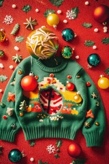 Fototapeta premium A festive green sweater with a candy cane and Christmas decorations