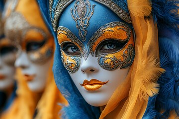 intricately designed carnival masks with glitter, feathers, and bright colors, symbolizing festive traditions and elegance