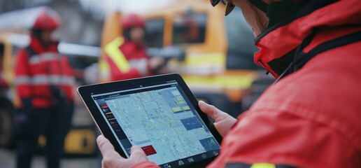 A rescuer using a tablet for navigation in a response situation.