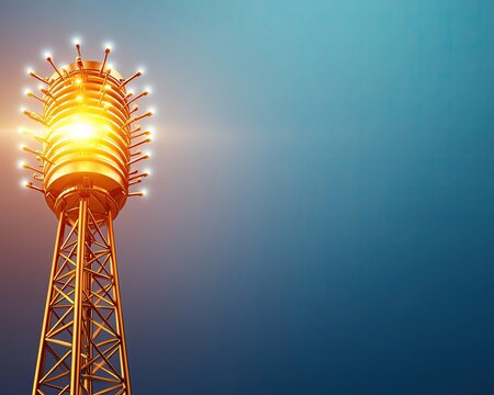 Innovations in Telecommunication Infrastructure and Services featuring a close-up of a 5G cell tower with small antennas intricately arranged, glowing softly under clear daylight.