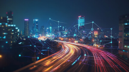 Smart digital Innovation city with connection network reciprocity over the cityscape. of future smart wireless digital city and social media networking systems that connects people with in city