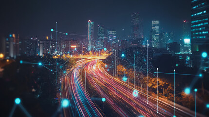 Smart digital Innovation city with connection network reciprocity over the cityscape. of future smart wireless digital city and social media networking systems that connects people with in city