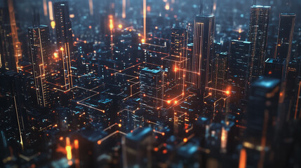 Fototapeta premium Smart digital Innovation city with connection network reciprocity over the cityscape. of future smart wireless digital city and social media networking systems that connects people with in city