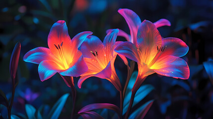 Enchanting floral bioluminescence - surreal psychedelic fantasy nature lights imagery. Incandescent. Illustration