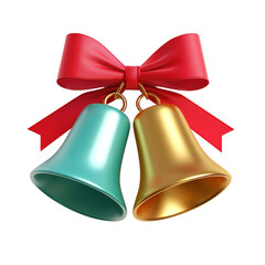 Festive 3D render of two colorful Christmas bells adorned with a vibrant red ribbon